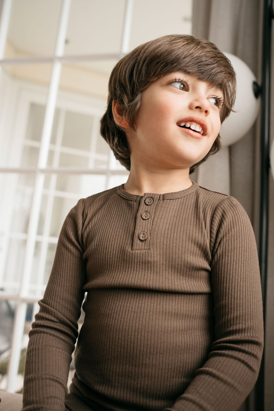 Organic Cotton Modal Long Sleeve Henley - Cocoa Childrens Top from Jamie Kay USA