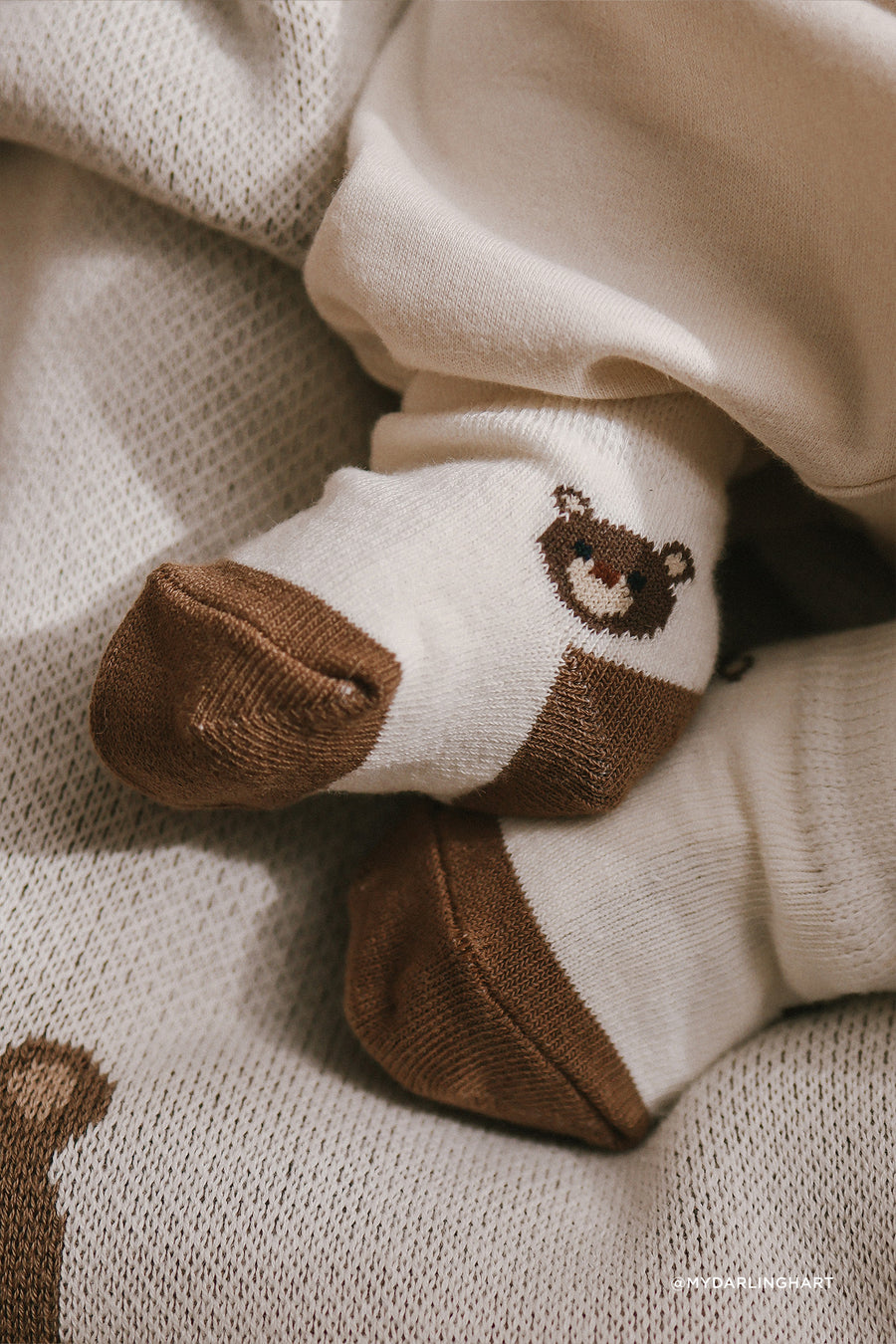 Bobbie Bear Crew Socks - Jacquard Bobbie Bear Cloud/Balm Childrens Sock from Jamie Kay USA