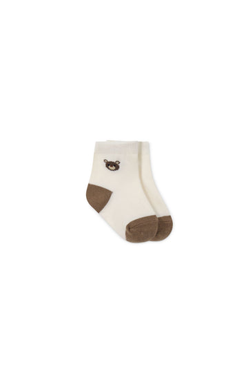 Bobbie Bear Crew Socks - Jacquard Bobbie Bear Cloud/Balm Childrens Sock from Jamie Kay USA