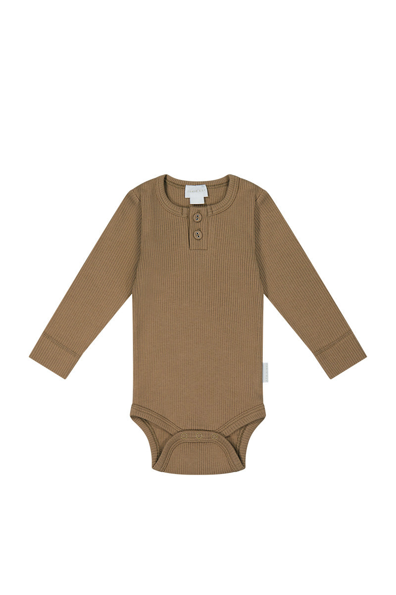 Organic Cotton Fine Rib Long Sleeve Bodysuit - Caramel Childrens Bodysuit from Jamie Kay USA