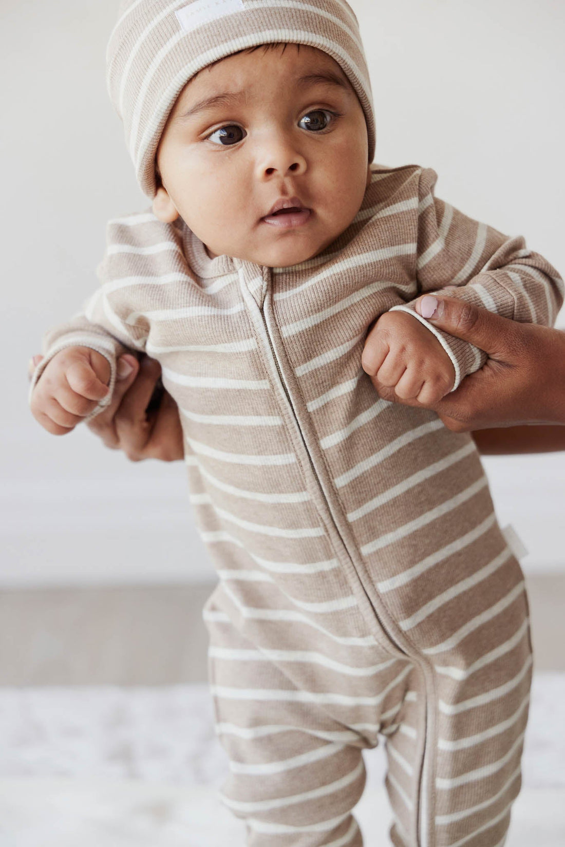 Organic Cotton Fine Rib Gracelyn Onepiece - Elias Stripe Sable Marle Childrens Onepiece from Jamie Kay USA