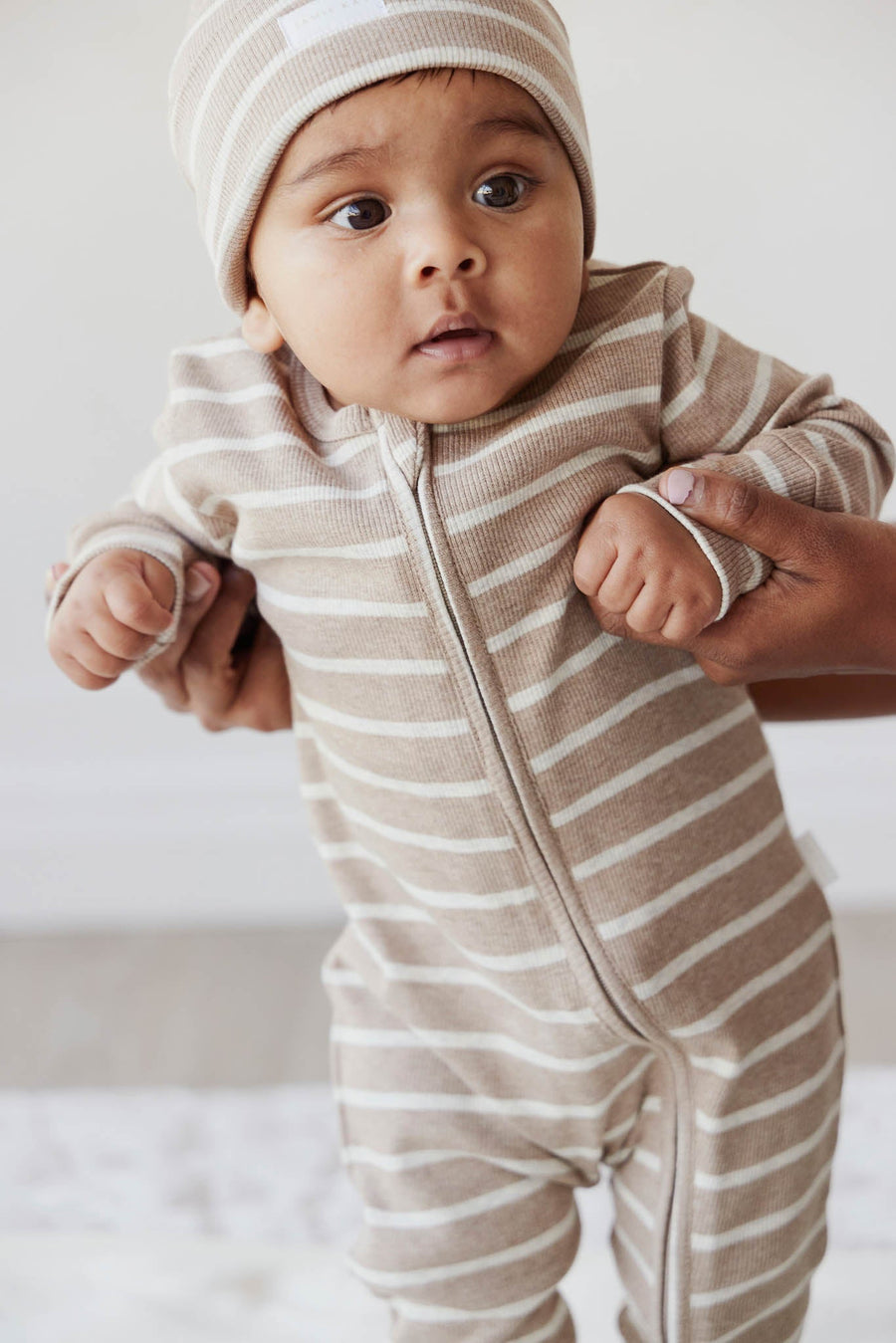 Organic Cotton Fine Rib Gracelyn Onepiece - Elias Stripe Sable Marle Childrens Onepiece from Jamie Kay USA