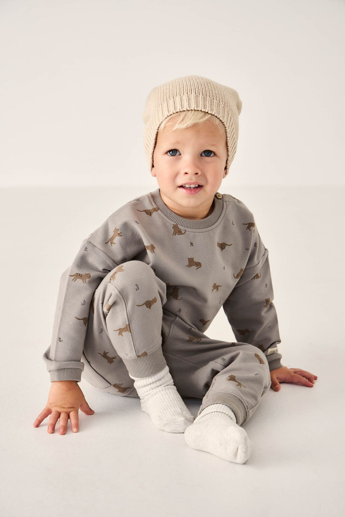 Organic Cotton Jalen Track Pant - Lenny Leopard Sage Childrens Pant from Jamie Kay USA