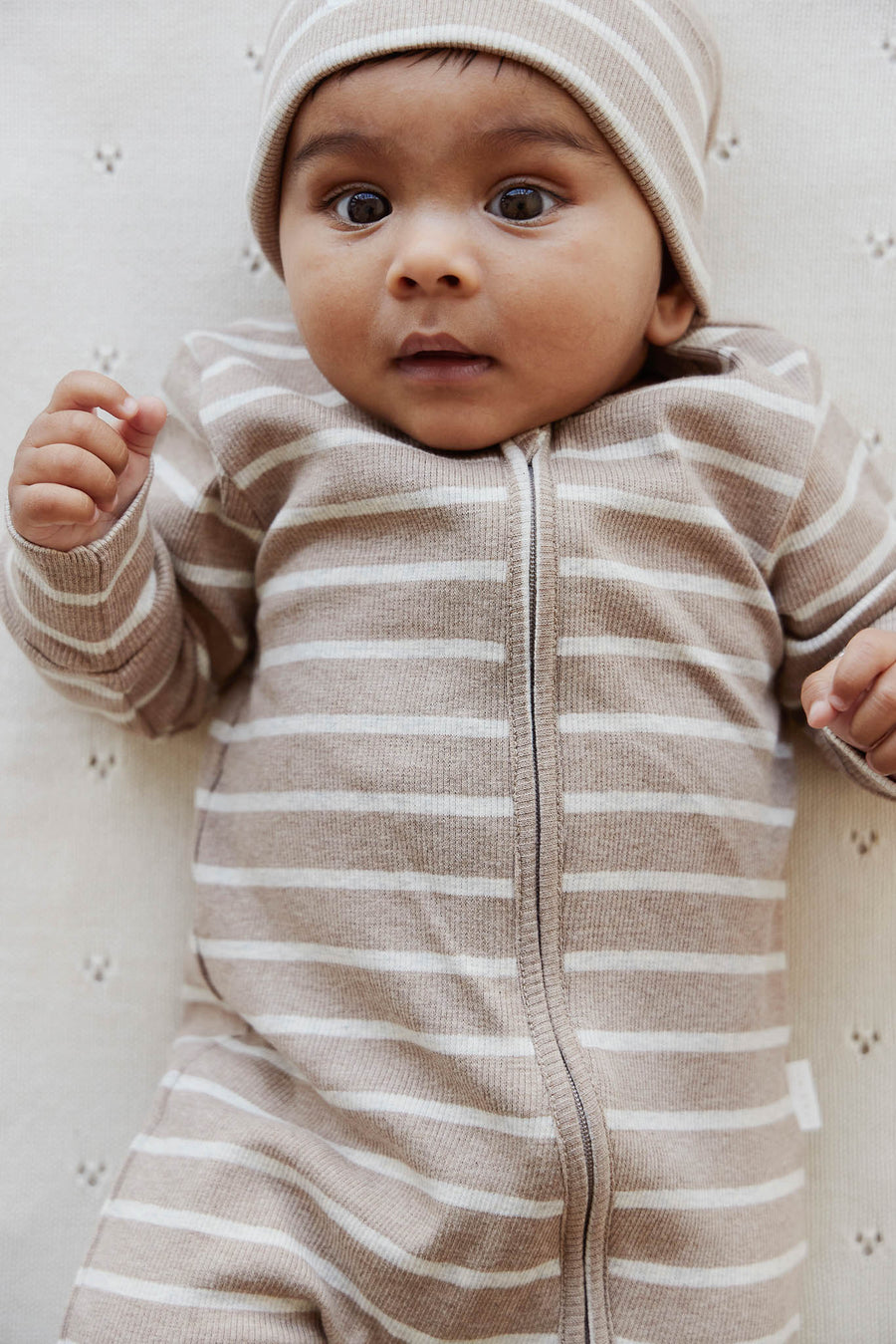 Organic Cotton Fine Rib Gracelyn Onepiece - Elias Stripe Sable Marle Childrens Onepiece from Jamie Kay USA