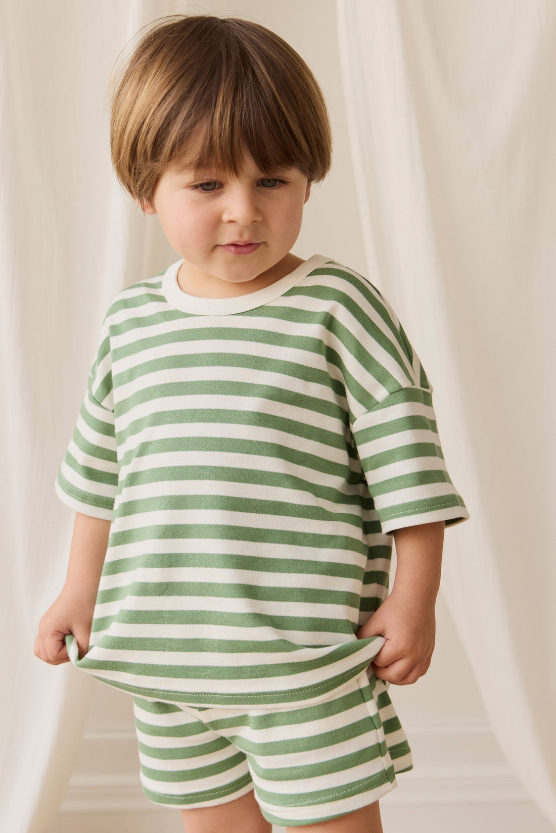 Pima Cotton Wesley Short - Essential Stripe Parchment/Snow Pea Childrens Short from Jamie Kay USA