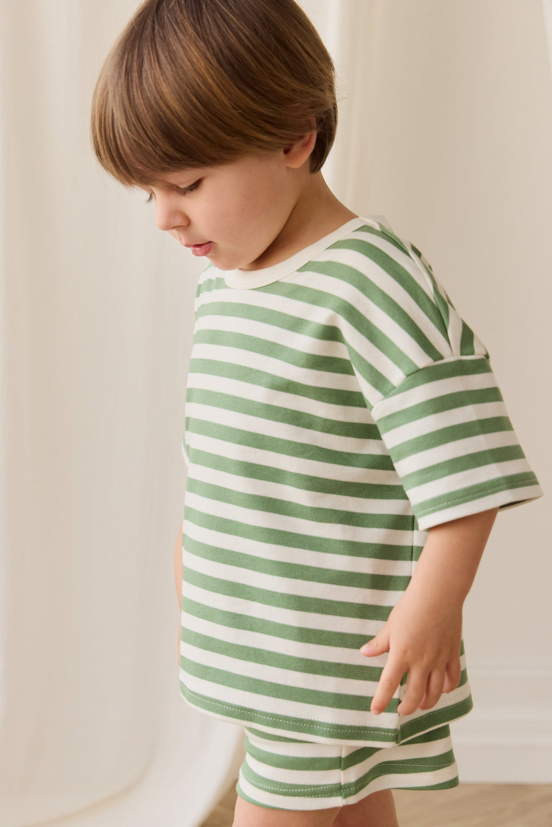 Pima Cotton Wesley Tee - Essential Stripe Parchment/Snow Pea Childrens Top from Jamie Kay USA