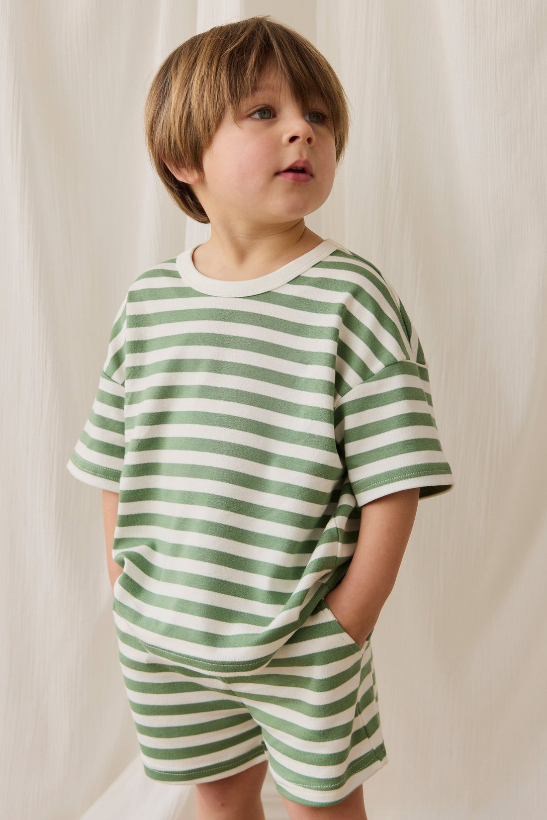 Pima Cotton Wesley Short - Essential Stripe Parchment/Snow Pea Childrens Short from Jamie Kay USA