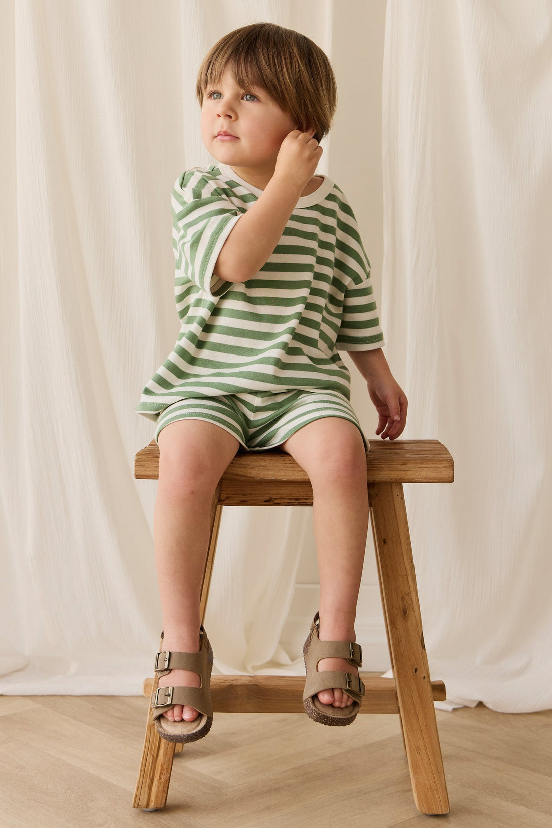 Pima Cotton Wesley Tee - Essential Stripe Parchment/Snow Pea Childrens Top from Jamie Kay USA