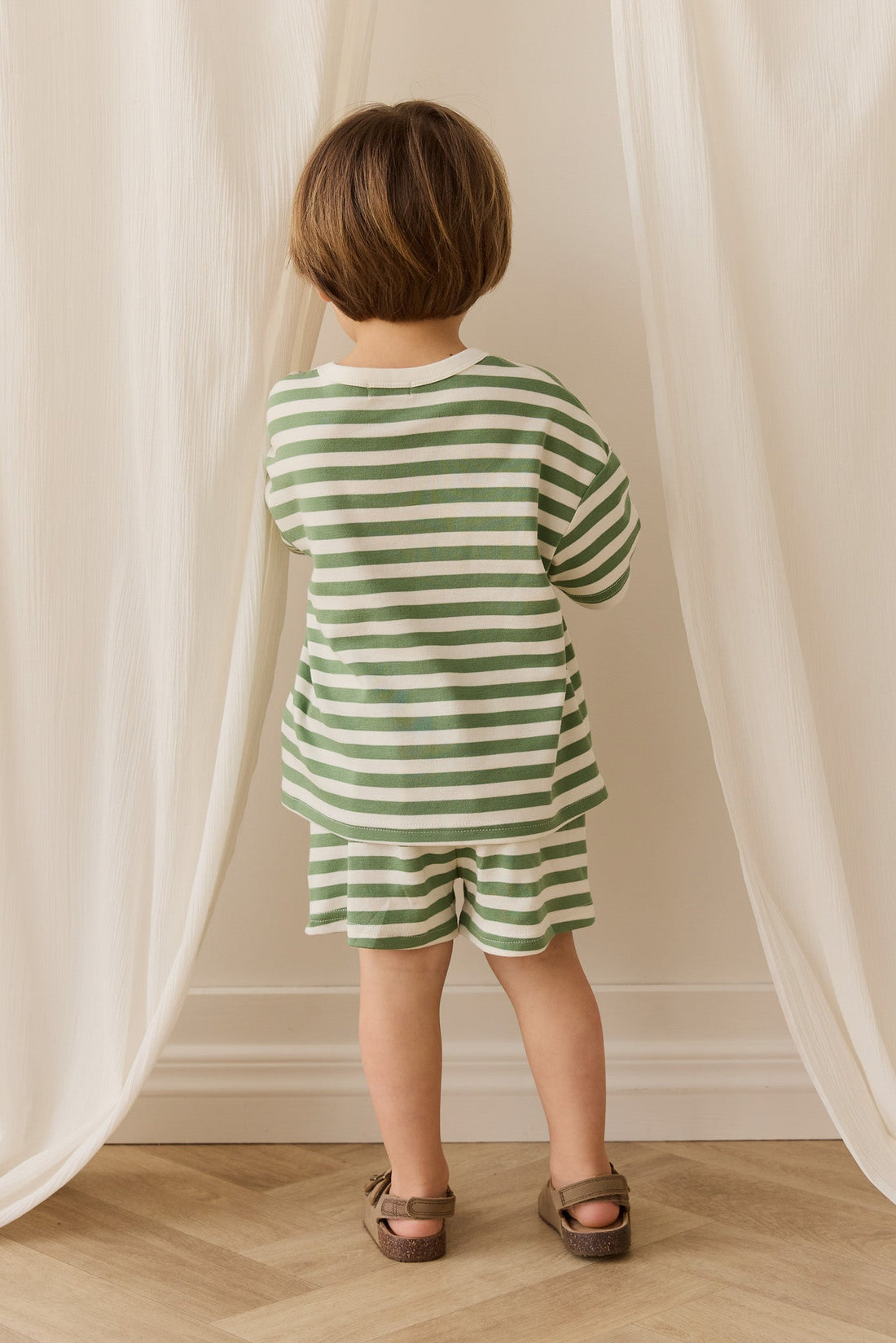 Pima Cotton Wesley Short - Essential Stripe Parchment/Snow Pea Childrens Short from Jamie Kay USA