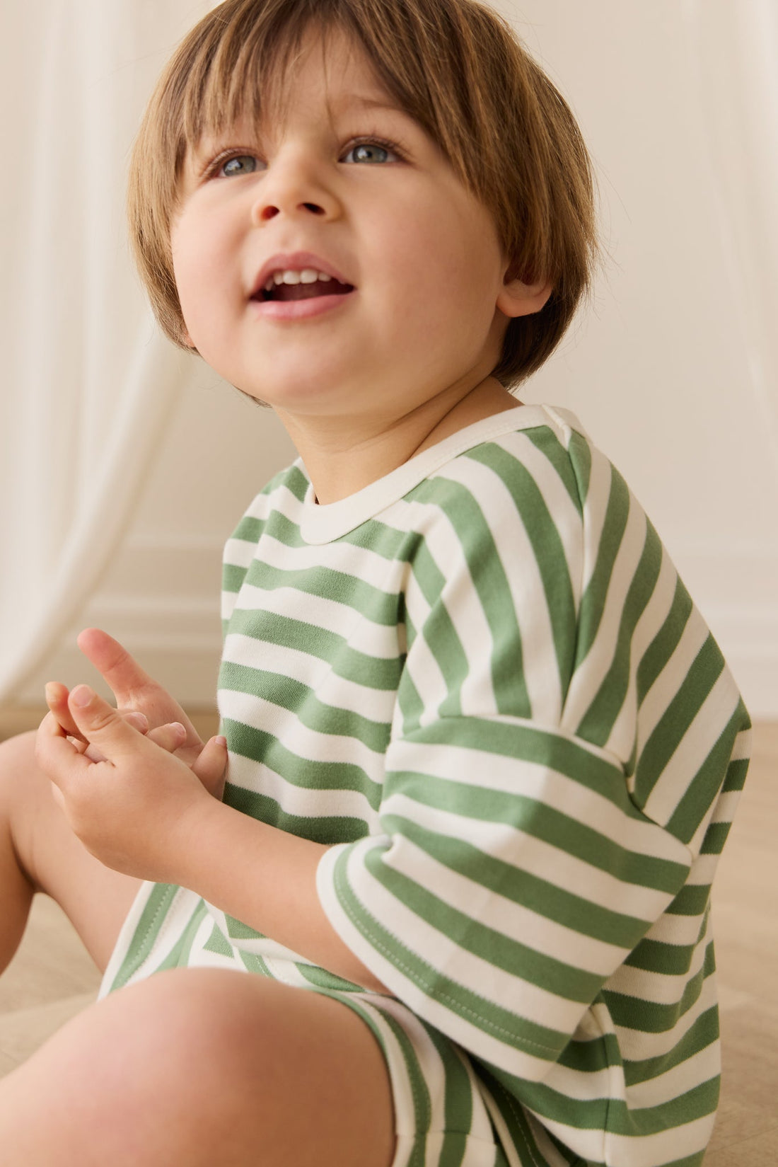 Pima Cotton Wesley Tee - Essential Stripe Parchment/Snow Pea Childrens Top from Jamie Kay USA