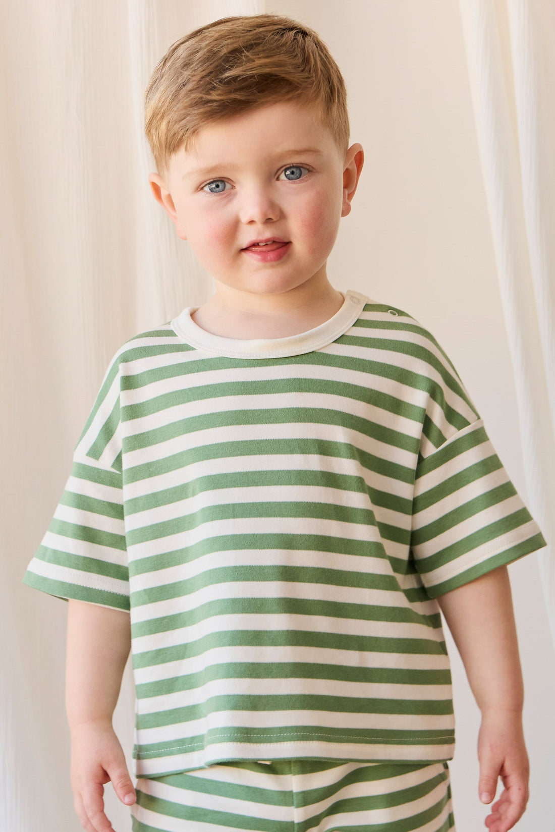 Pima Cotton Wesley Tee - Essential Stripe Parchment/Snow Pea Childrens Top from Jamie Kay USA