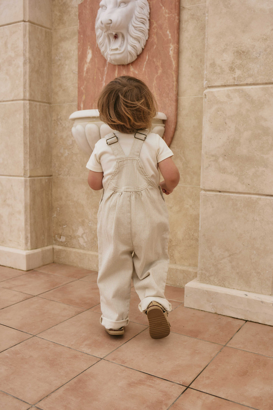 Cecil Overall - Fine Vertical Stripe Sandy Brown/Cloud Childrens Overall from Jamie Kay USA