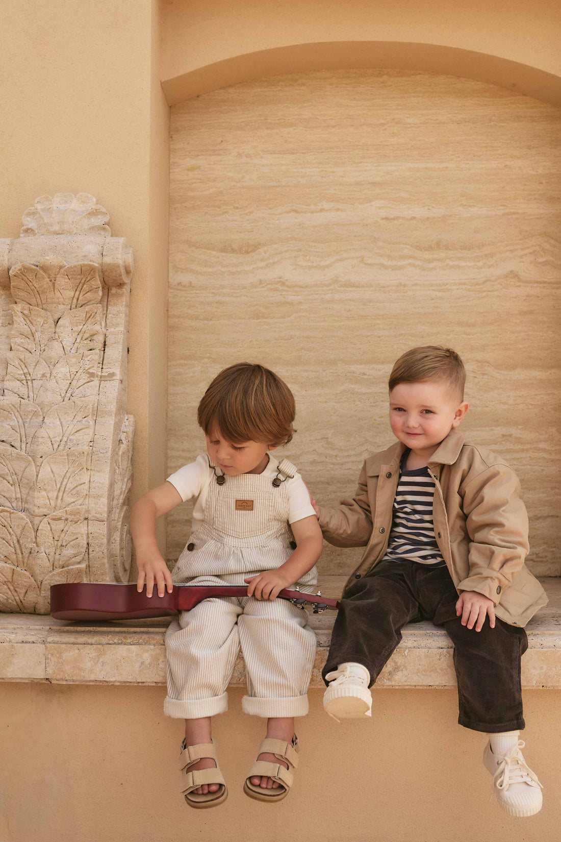 Cecil Overall - Fine Vertical Stripe Sandy Brown/Cloud Childrens Overall from Jamie Kay USA
