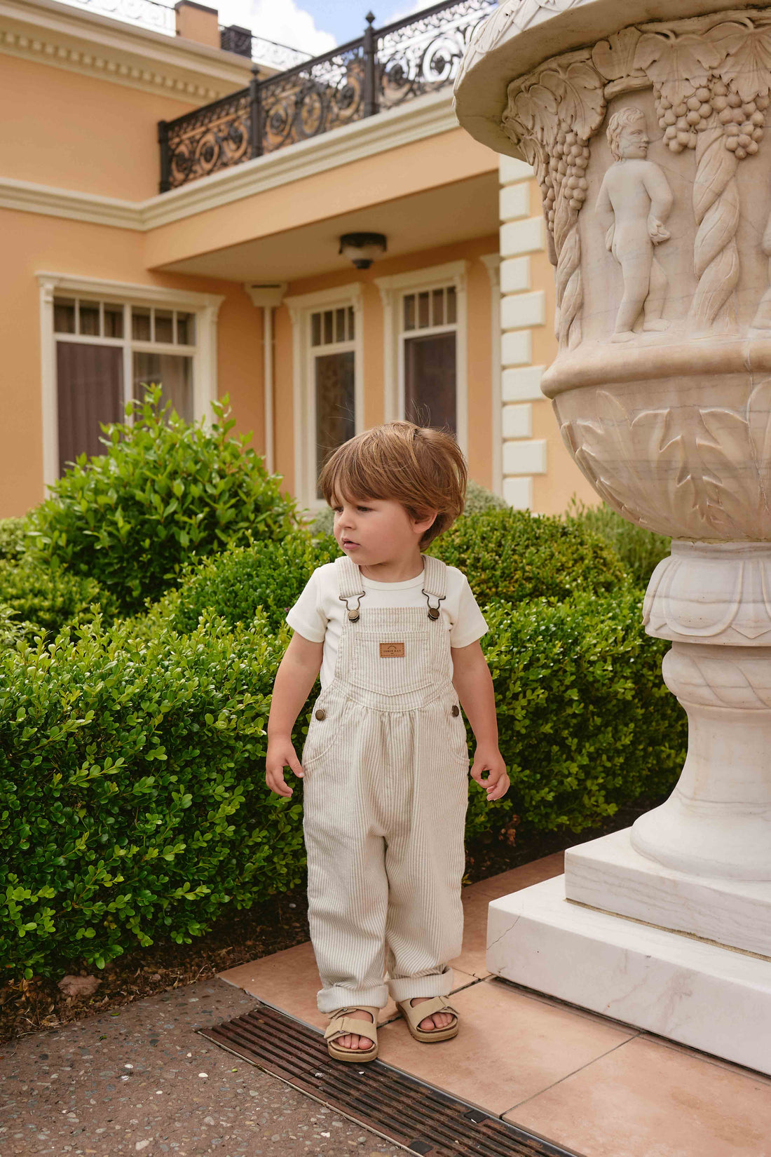 Cecil Overall - Fine Vertical Stripe Sandy Brown/Cloud Childrens Overall from Jamie Kay USA