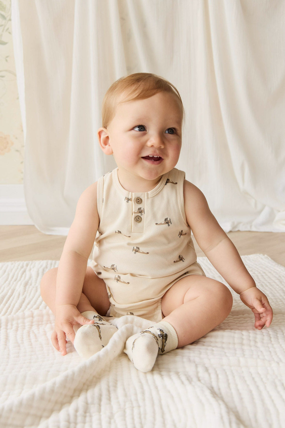 Pima Cotton Archie Playsuit - Fly High Vanilla Cream Childrens Playsuit from Jamie Kay USA