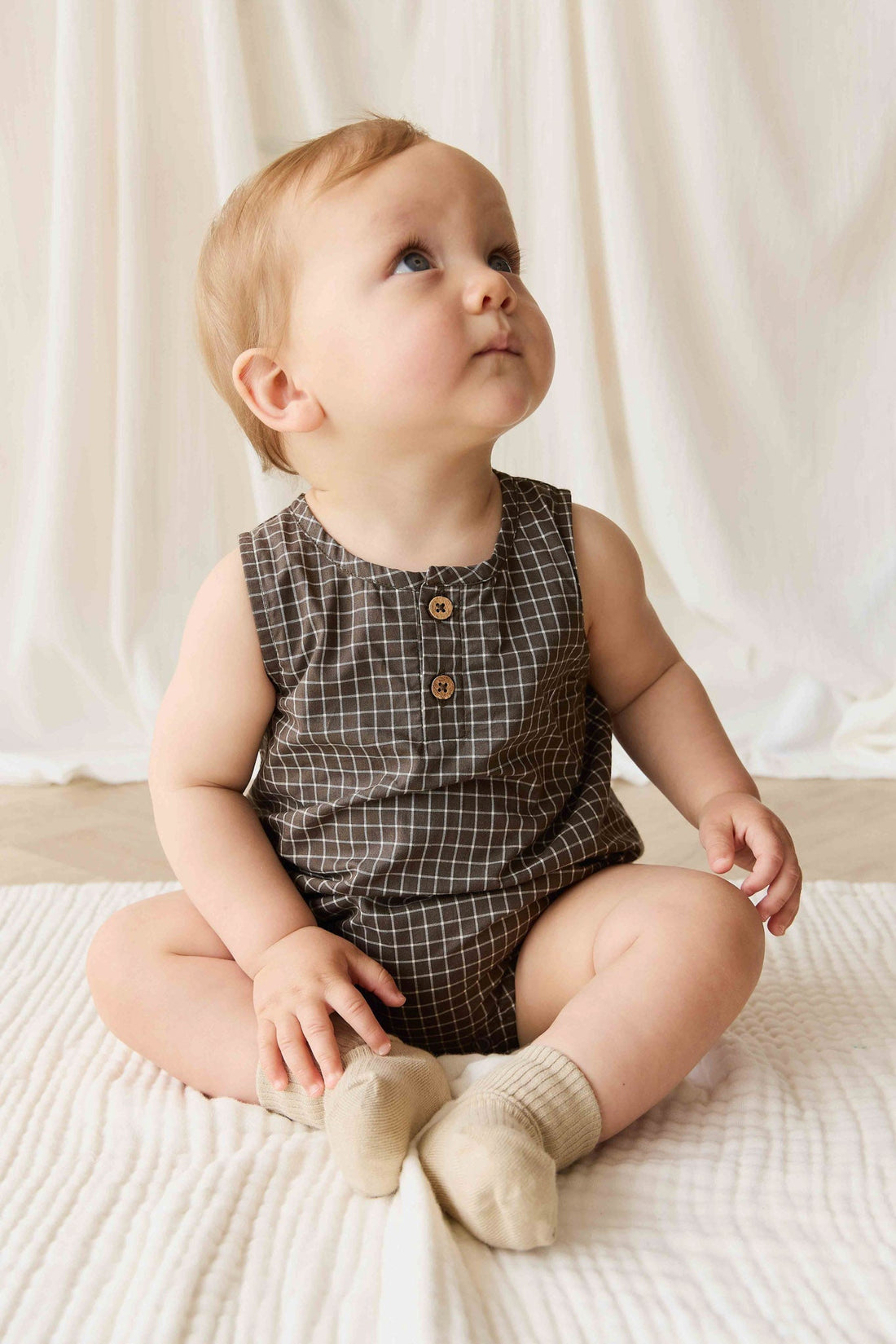 Organic Cotton Archie Playsuit - Coffee Grid Childrens Playsuit from Jamie Kay USA