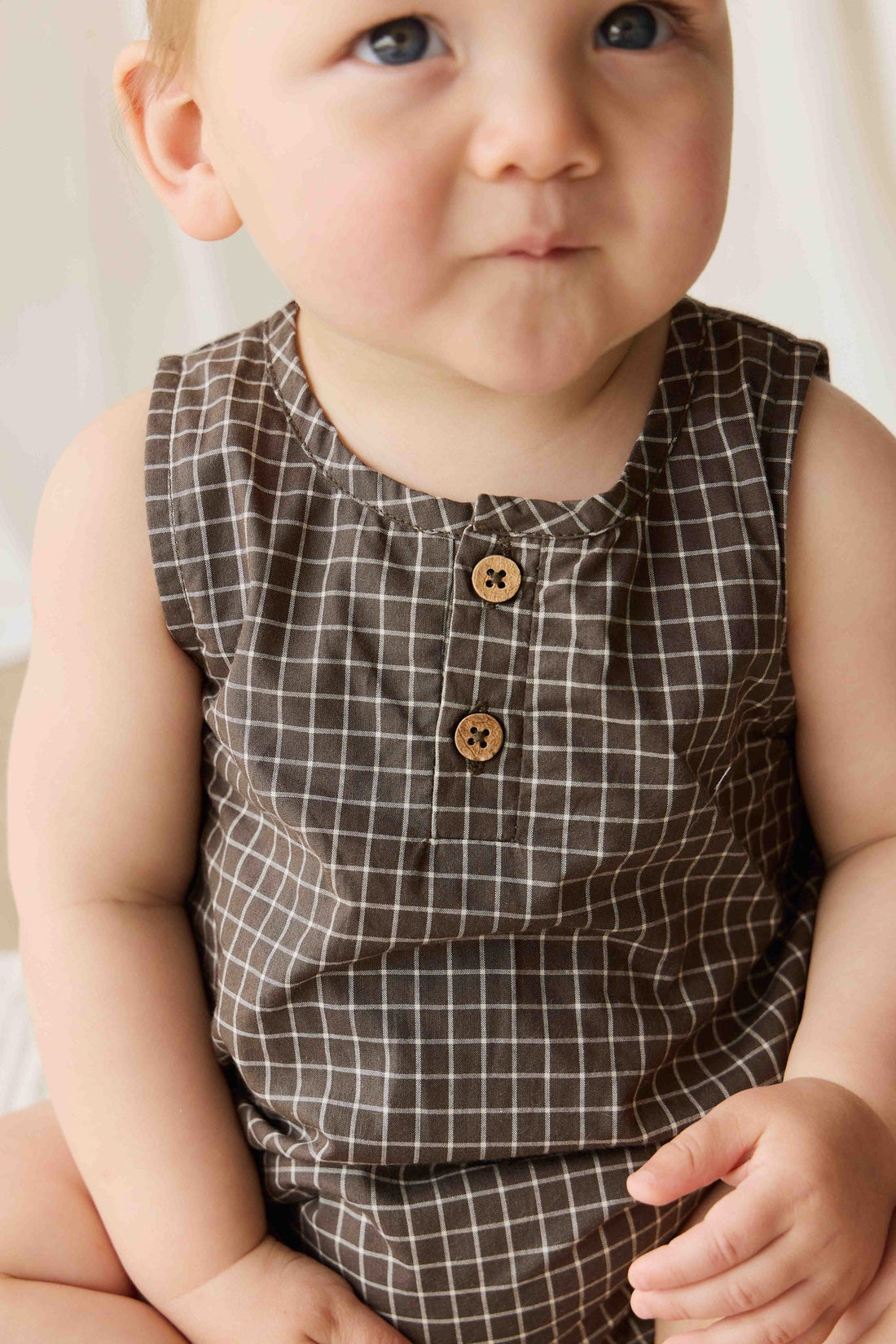 Organic Cotton Archie Playsuit - Coffee Grid Childrens Playsuit from Jamie Kay USA