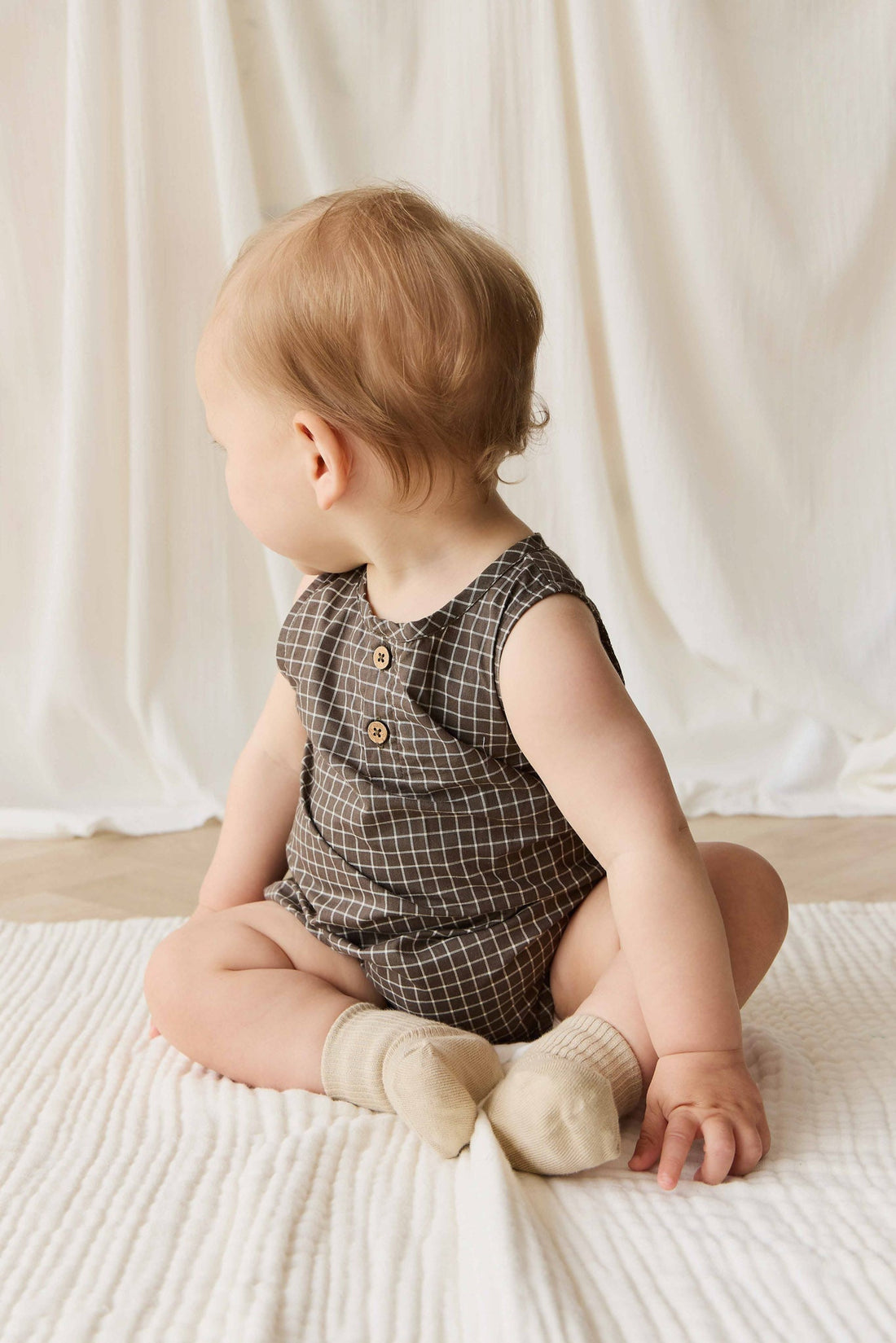 Organic Cotton Archie Playsuit - Coffee Grid Childrens Playsuit from Jamie Kay USA
