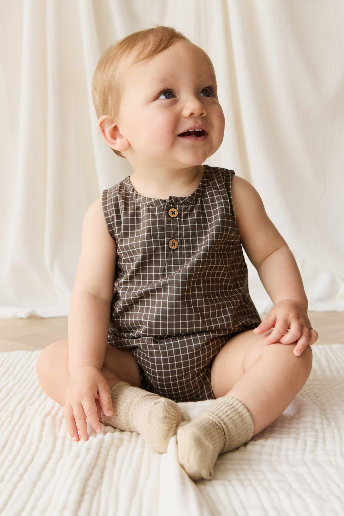 Organic Cotton Archie Playsuit - Coffee Grid Childrens Playsuit from Jamie Kay USA