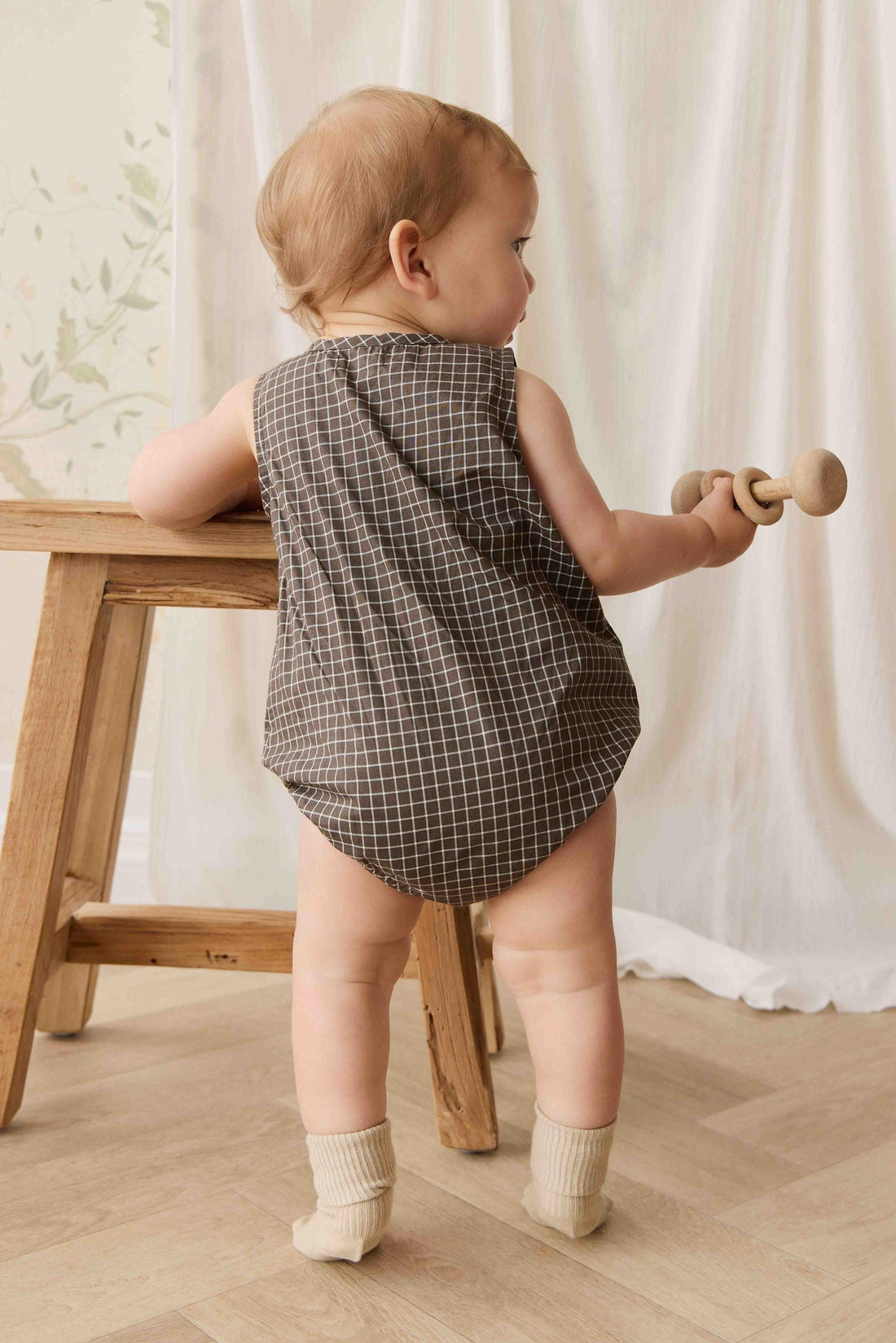 Organic Cotton Archie Playsuit - Coffee Grid Childrens Playsuit from Jamie Kay USA
