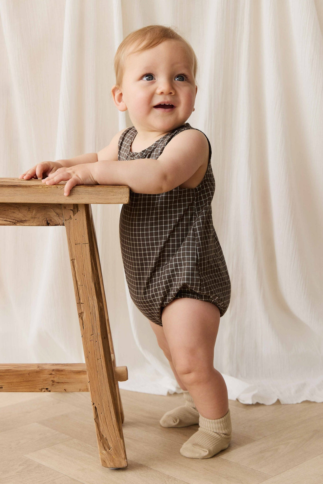Organic Cotton Archie Playsuit - Coffee Grid Childrens Playsuit from Jamie Kay USA