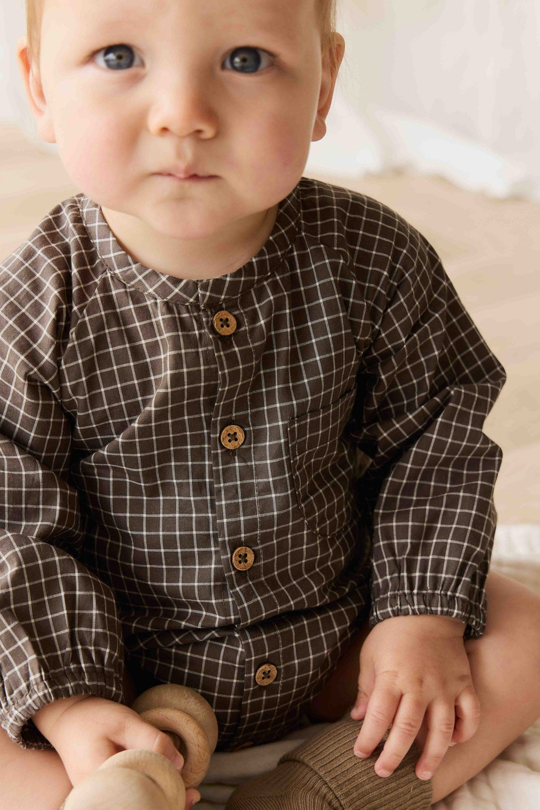 Organic Cotton Ellis Playsuit - Coffee Grid Childrens Playsuit from Jamie Kay USA