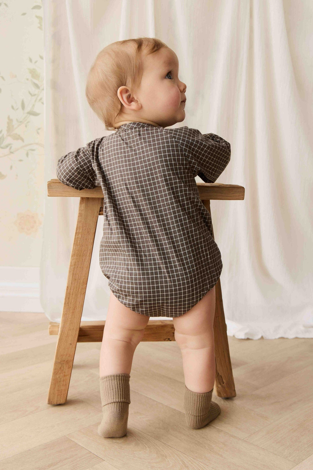 Organic Cotton Ellis Playsuit - Coffee Grid Childrens Playsuit from Jamie Kay USA