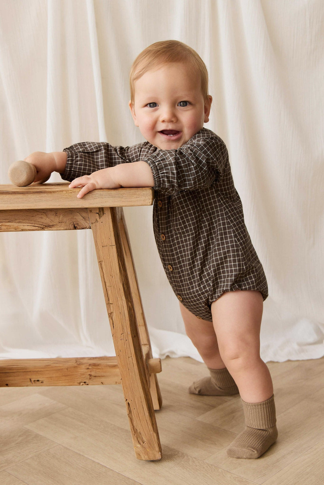 Organic Cotton Ellis Playsuit - Coffee Grid Childrens Playsuit from Jamie Kay USA