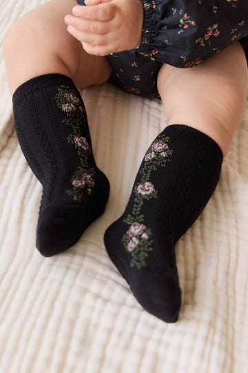 Tasha Floral Jacquard Sock - Black Beauty Childrens Sock from Jamie Kay USA