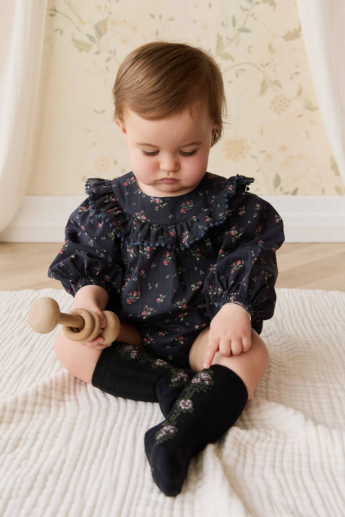 Tasha Floral Jacquard Sock - Black Beauty Childrens Sock from Jamie Kay USA