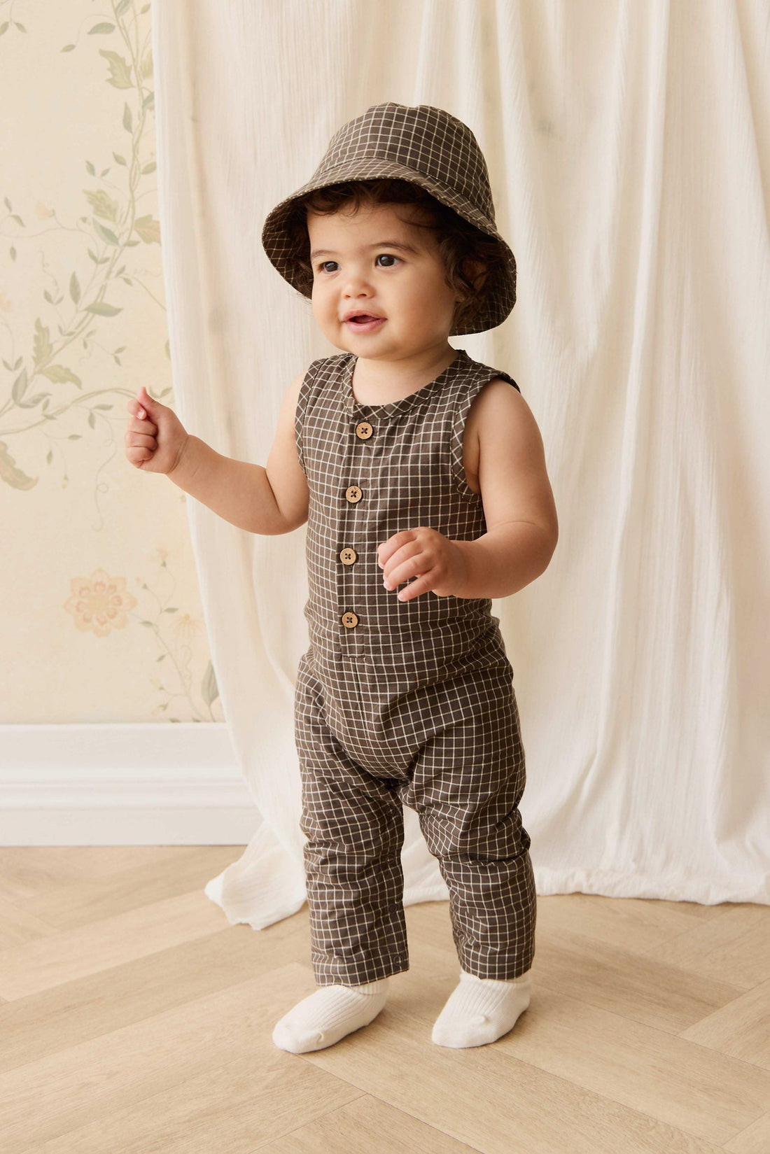 Organic Cotton Milo Jumpsuit - Coffee Grid Childrens Jumpsuit from Jamie Kay USA