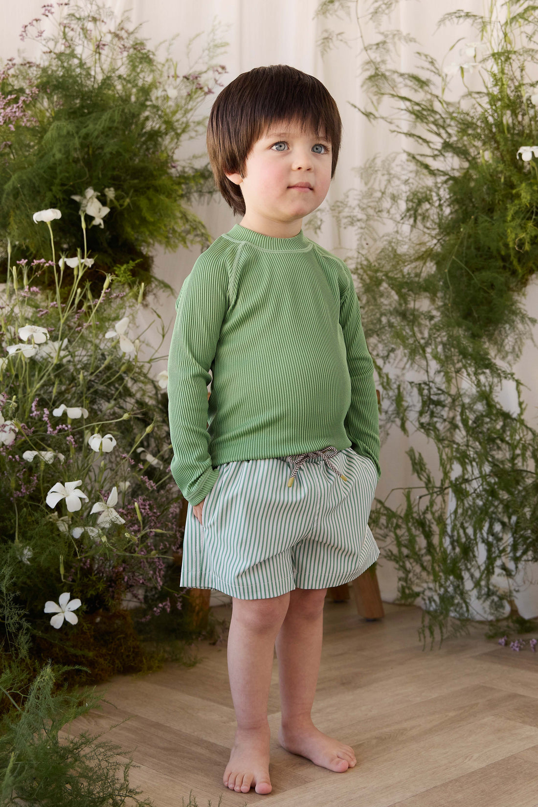 Wyatt Board Short - Snow Pea Stripe Childrens Swimwear from Jamie Kay USA