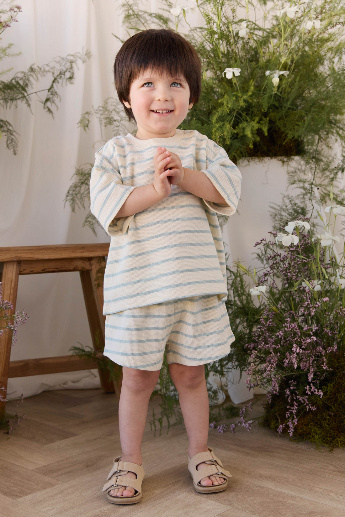 Organic Cotton Waffle Leith Tee - James Stripe Reef/Cloud Childrens Top from Jamie Kay USA