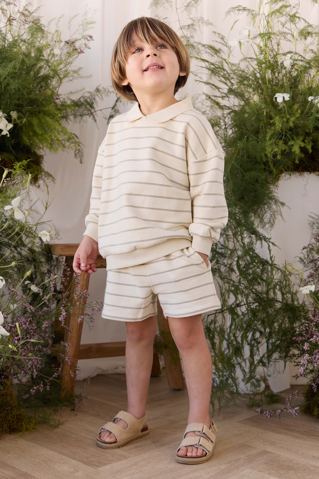 Organic Cotton Jalen Short - Horizon Stripe Lichen/Cloud Childrens Shorts from Jamie Kay USA