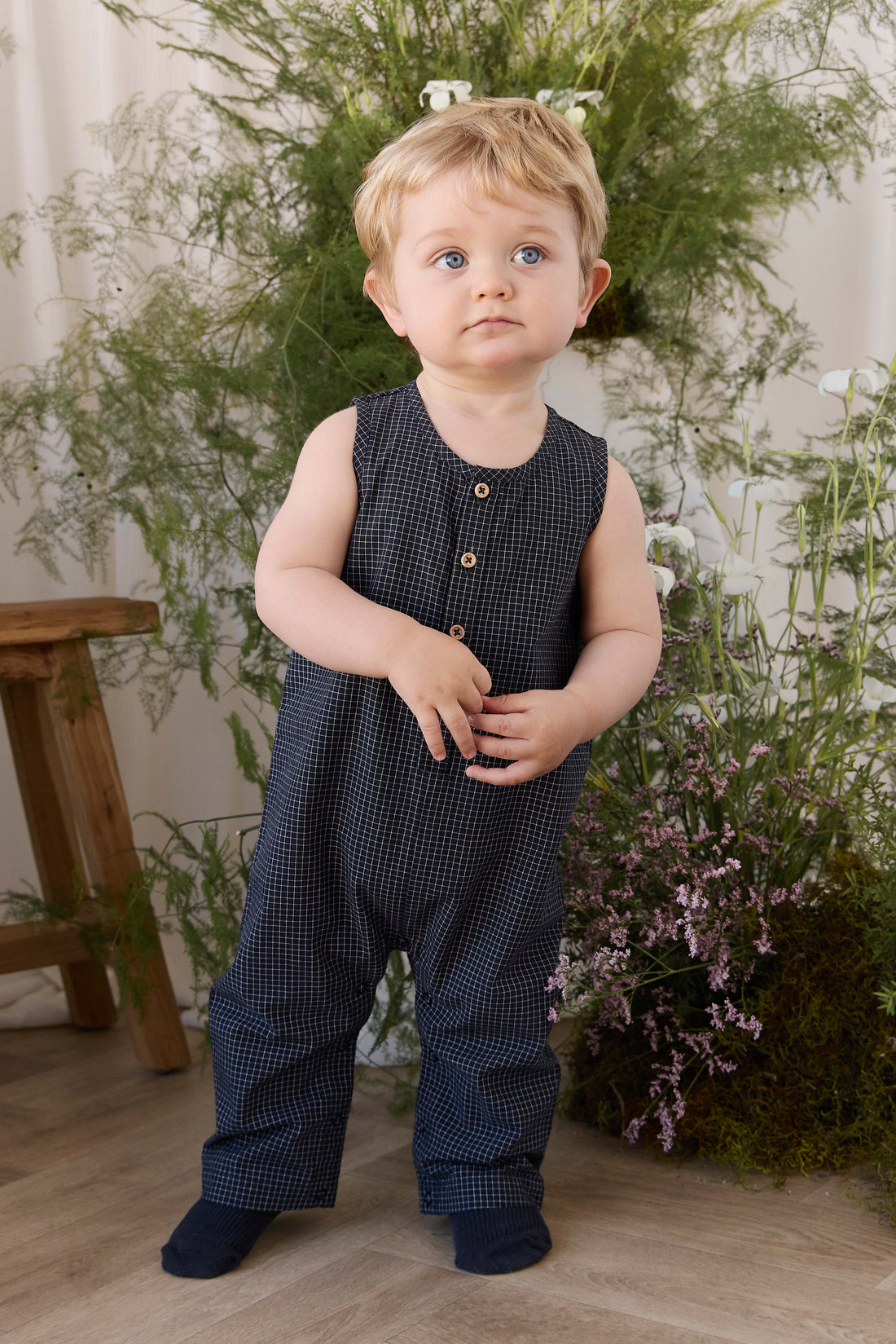 Organic Cotton Milo Jumpsuit - Eclipse Grid Childrens Jumpsuit from Jamie Kay USA