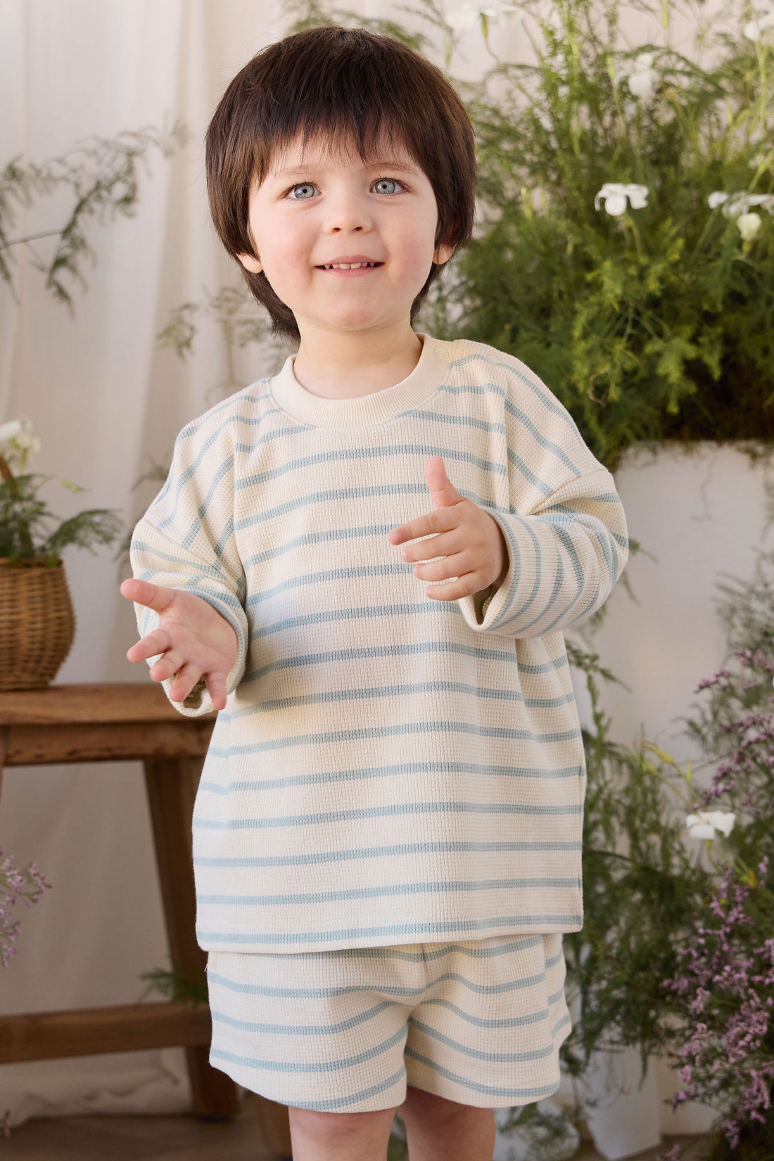 Organic Cotton Waffle Leith Long Sleeve Top - James Stripe Reef/Cloud Childrens Top from Jamie Kay USA