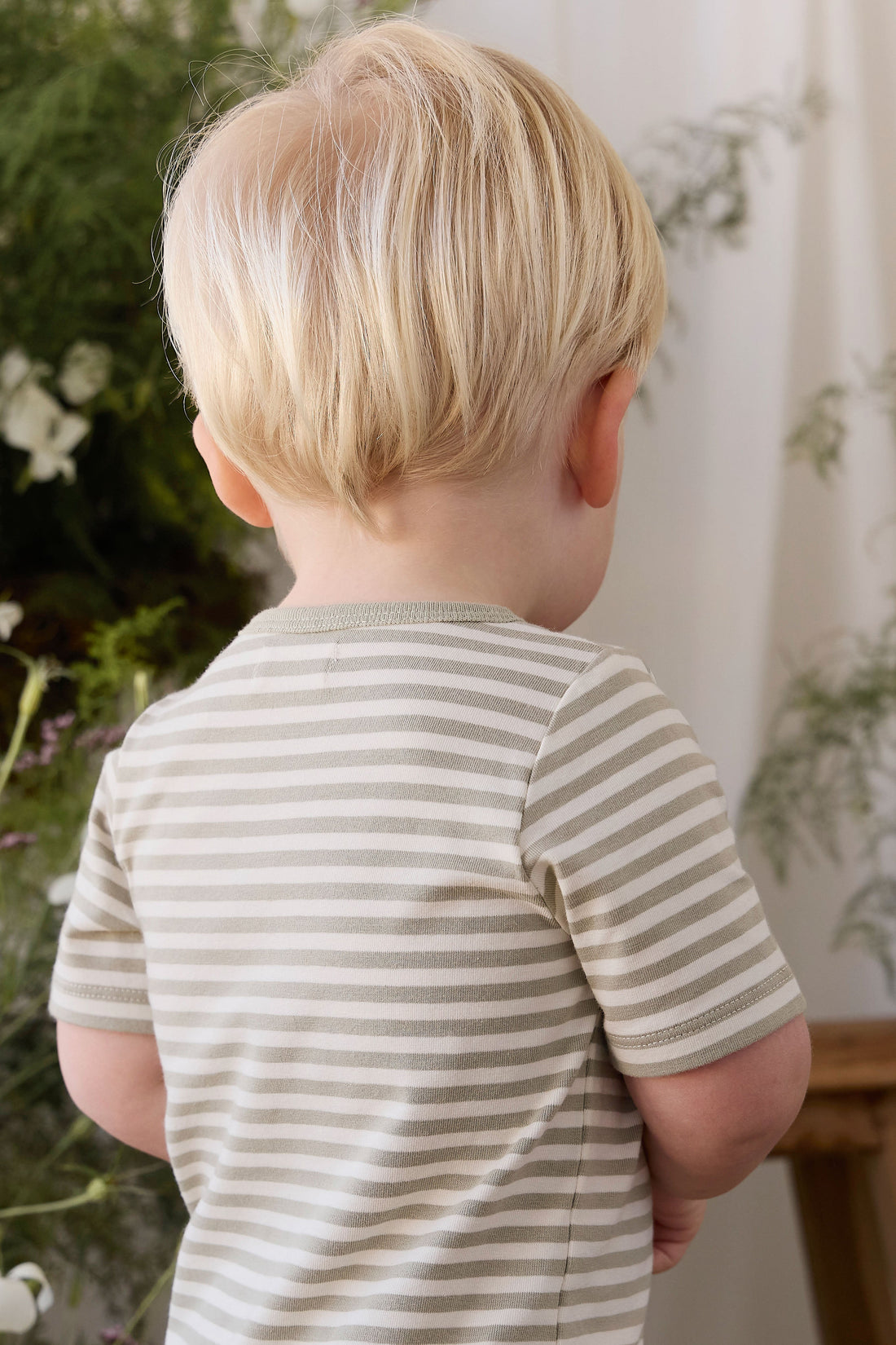 Organic Cotton Halston Short Sleeve Pyjama Set - Narrow Stripe Lichen/Cloud Childrens Pyjamas from Jamie Kay USA