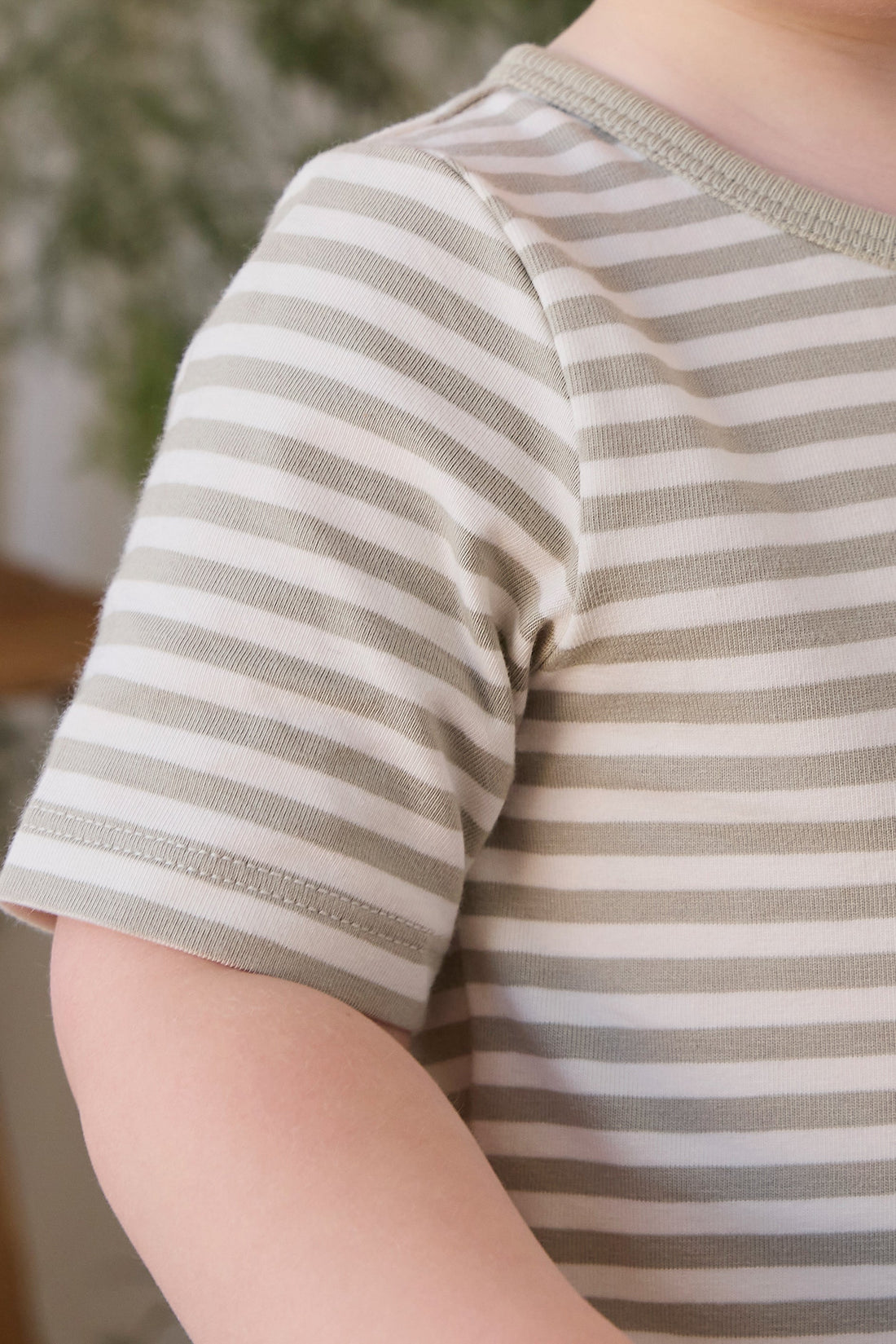 Organic Cotton Halston Short Sleeve Pyjama Set - Narrow Stripe Lichen/Cloud Childrens Pyjamas from Jamie Kay USA