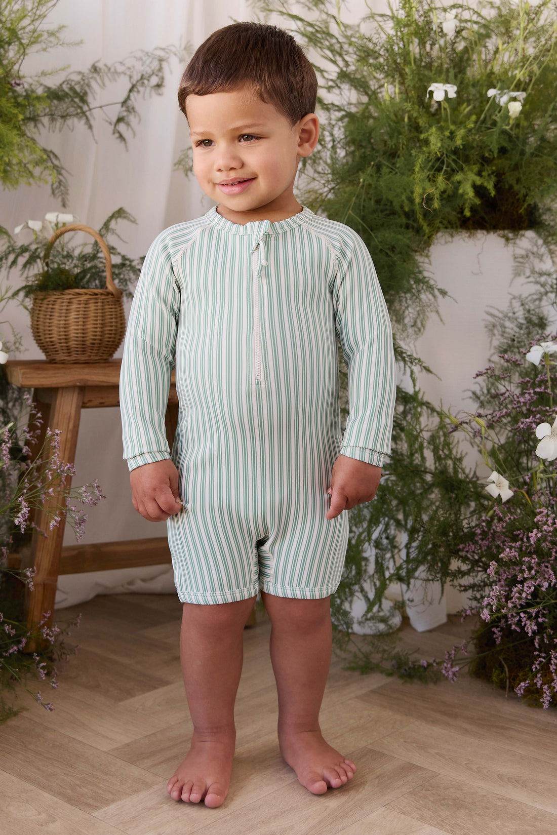 Florian Zip Swimsuit - Variegated Stripe Snow Pea Childrens Swimwear from Jamie Kay USA