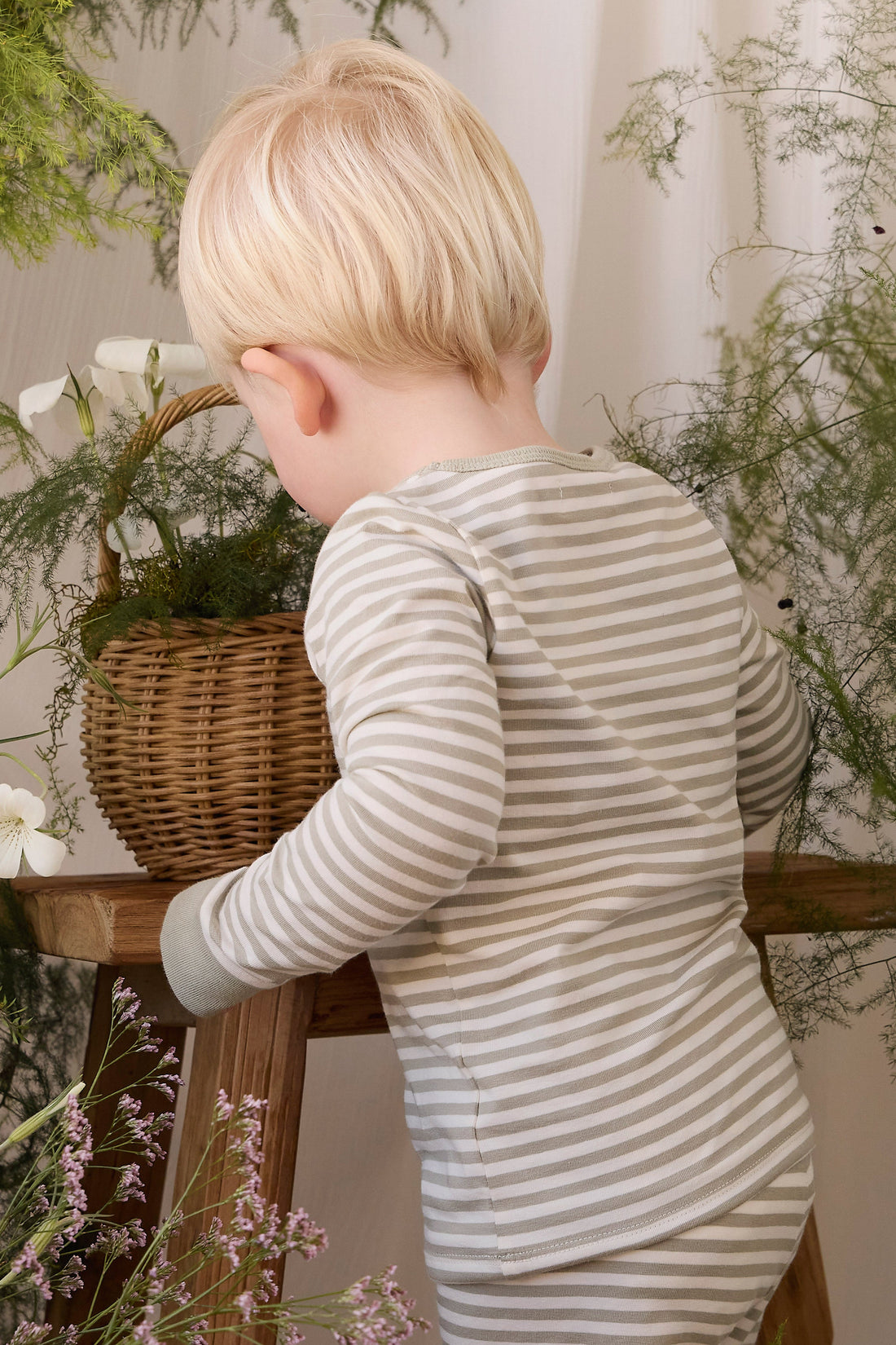 Organic Cotton Jude Long Sleeve Pyjama Set - Narrow Stripe Lichen/Cloud Childrens Pyjamas from Jamie Kay USA