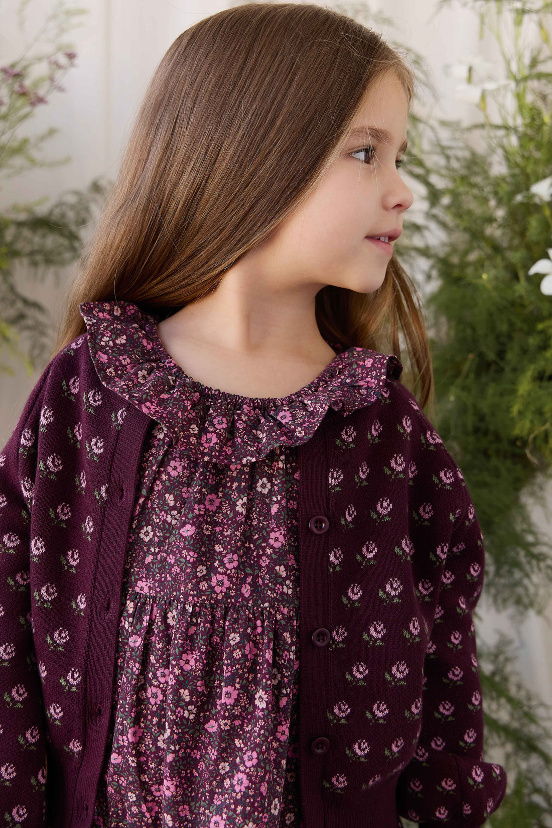 Evie Cardigan - Evie Jacquard Fig Childrens Cardigan from Jamie Kay USA