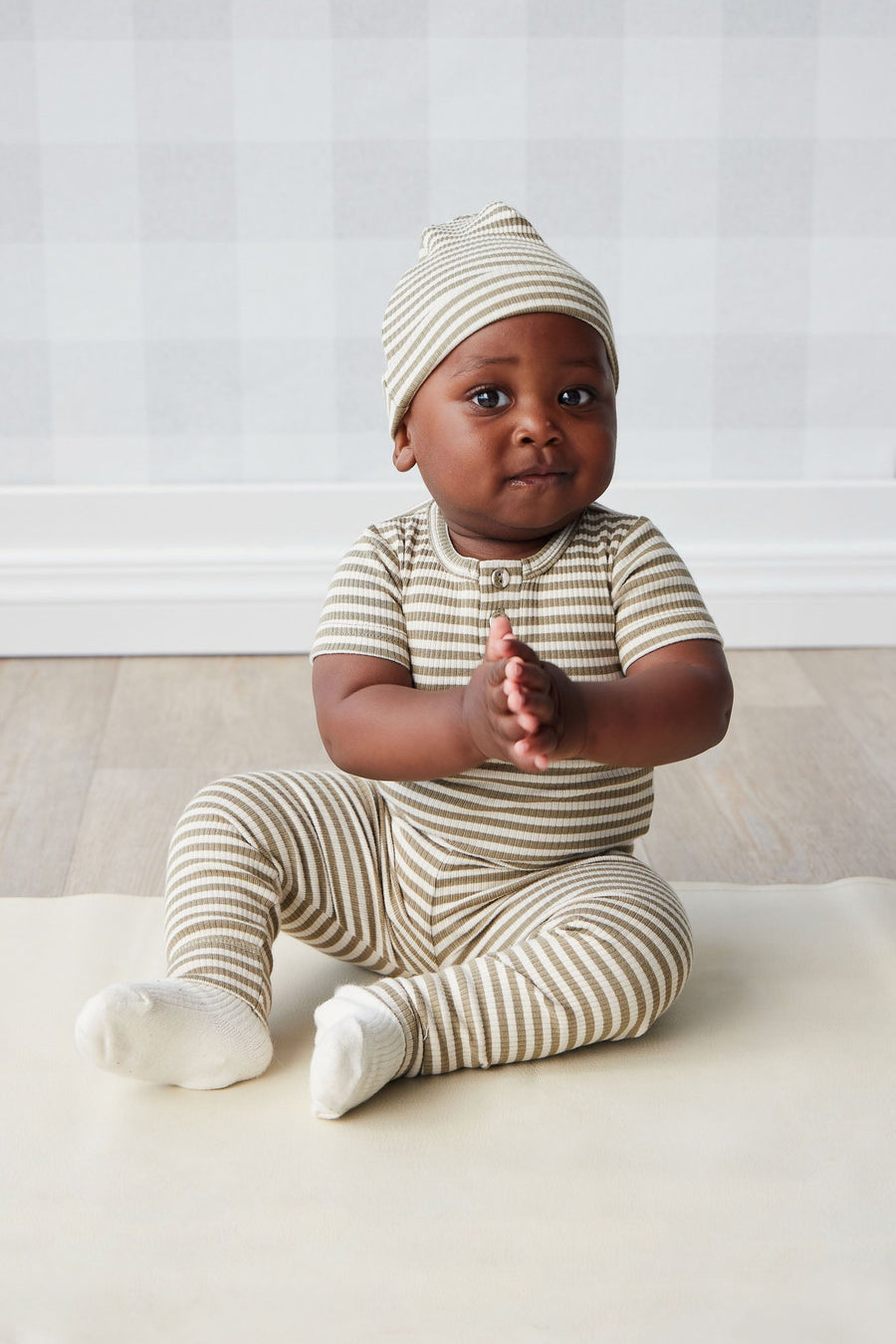 Organic Cotton Modal Darcy Rib Tee Bodysuit - Narrow Stripe Oak/Soft Clay Childrens Bodysuit from Jamie Kay USA