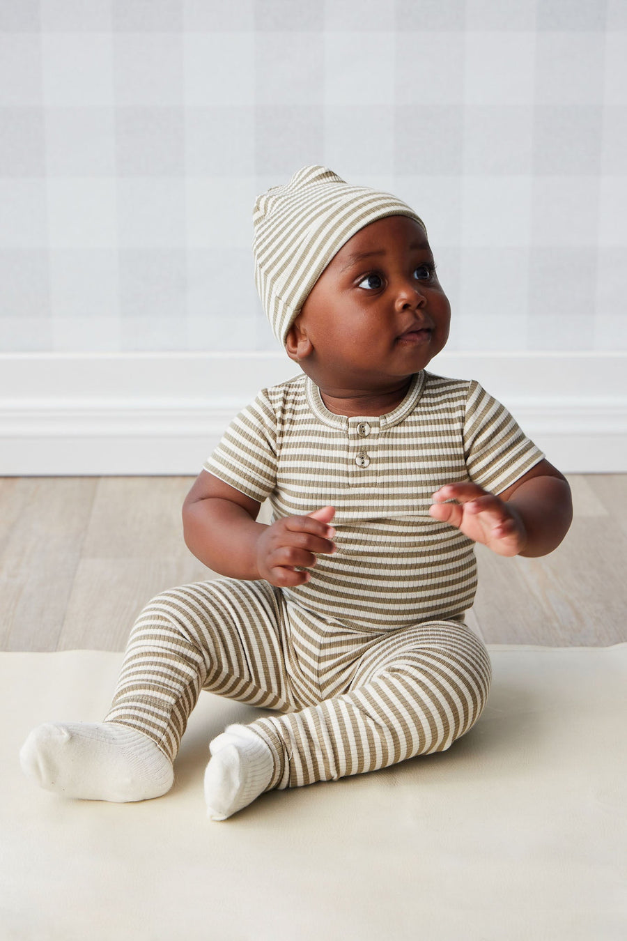 Organic Cotton Modal Everyday Legging - Narrow Stripe Oak/Soft Clay Childrens Legging from Jamie Kay USA