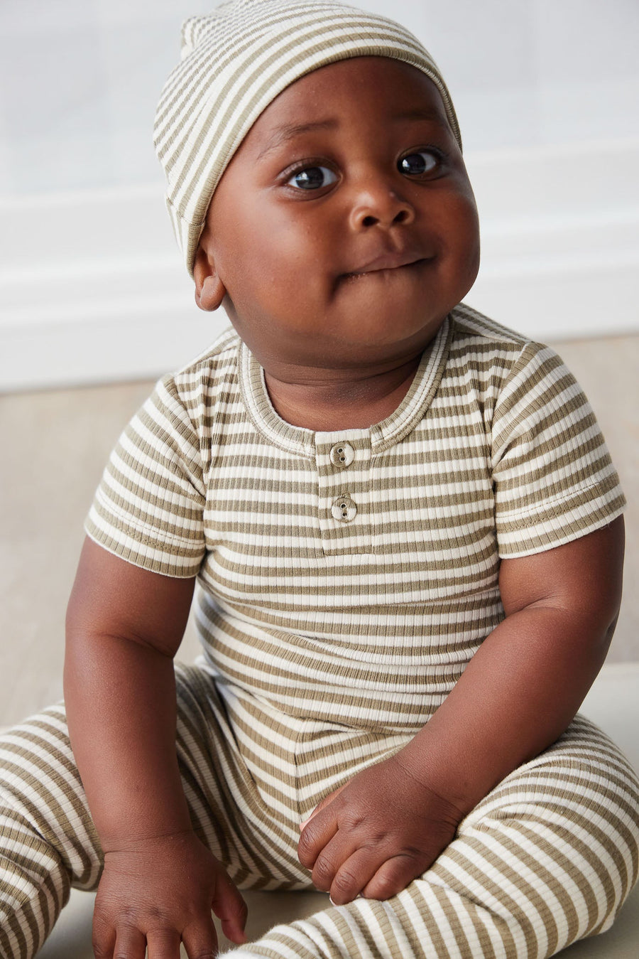 Organic Cotton Modal Darcy Rib Tee Bodysuit - Narrow Stripe Oak/Soft Clay Childrens Bodysuit from Jamie Kay USA