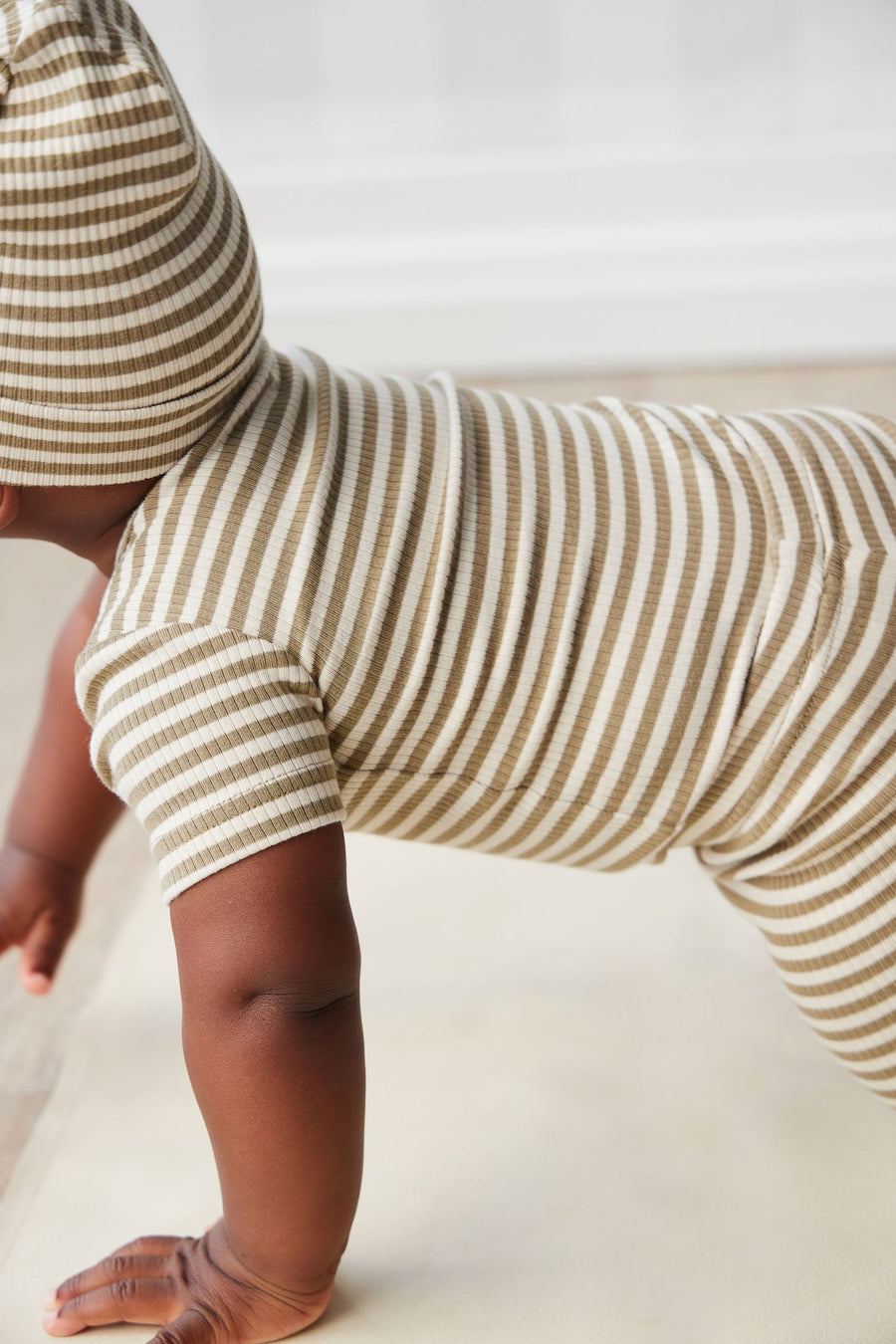 Organic Cotton Modal Darcy Rib Tee Bodysuit - Narrow Stripe Oak/Soft Clay Childrens Bodysuit from Jamie Kay USA