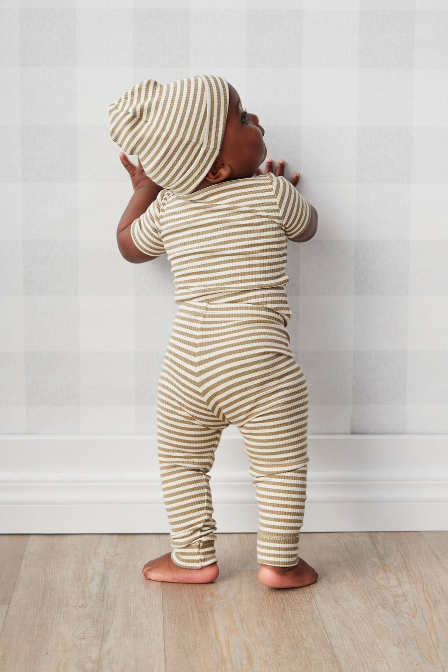 Organic Cotton Modal Darcy Rib Tee Bodysuit - Narrow Stripe Oak/Soft Clay Childrens Bodysuit from Jamie Kay USA