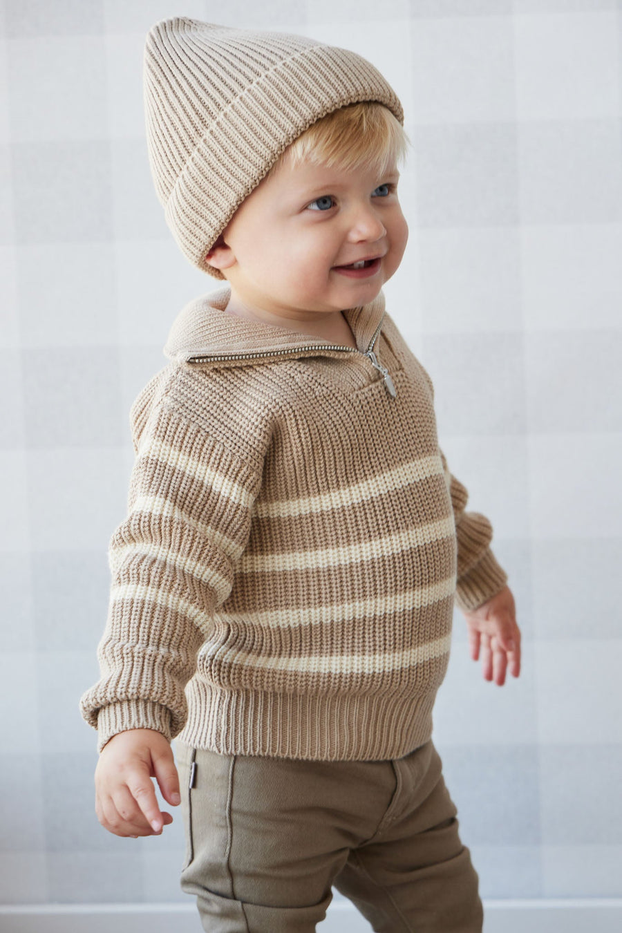 Jack Zip Jumper - Lenny Stripe Fawn Childrens Jumper from Jamie Kay USA