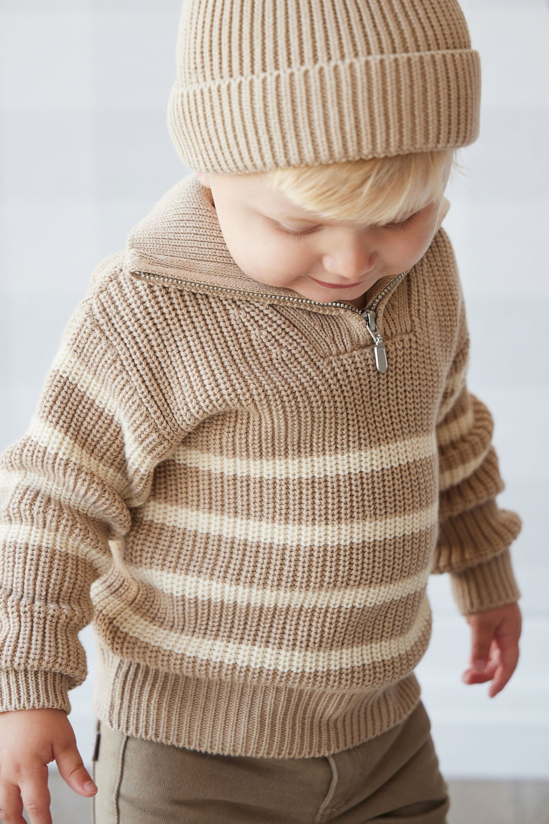 Jack Zip Jumper - Lenny Stripe Fawn Childrens Jumper from Jamie Kay USA