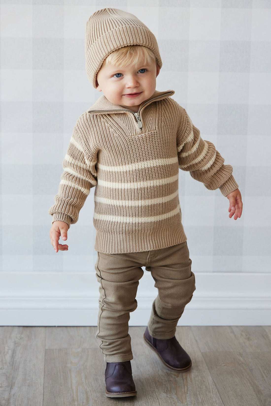 Jack Zip Jumper - Lenny Stripe Fawn Childrens Jumper from Jamie Kay USA