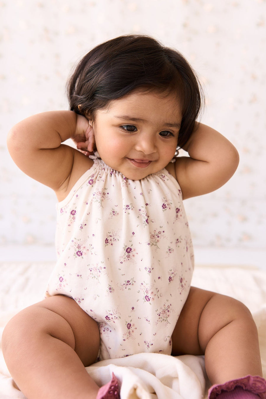 Organic Cotton Cassie Playsuit - Sweet William Floral Natural Childrens Playsuit from Jamie Kay USA